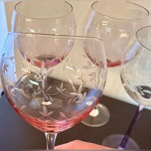 4 Lenox etched wine glasses. 3 pink. 1 purple etched wine glass